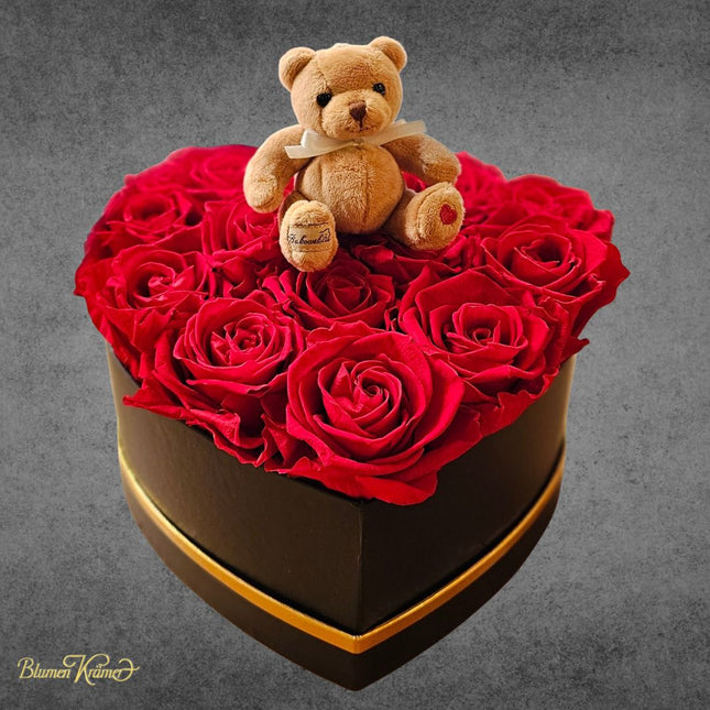 Herzrosenbox mit stabilisierten Rosen und Teddybär in verschiedenen Farben und Grössen online kaufen
