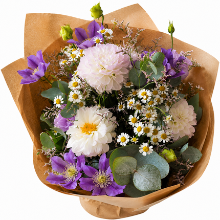 Verspielter Blumenstrauss mit Kamille, Dahlien und Eukalyptus aus Zürich online bestellen