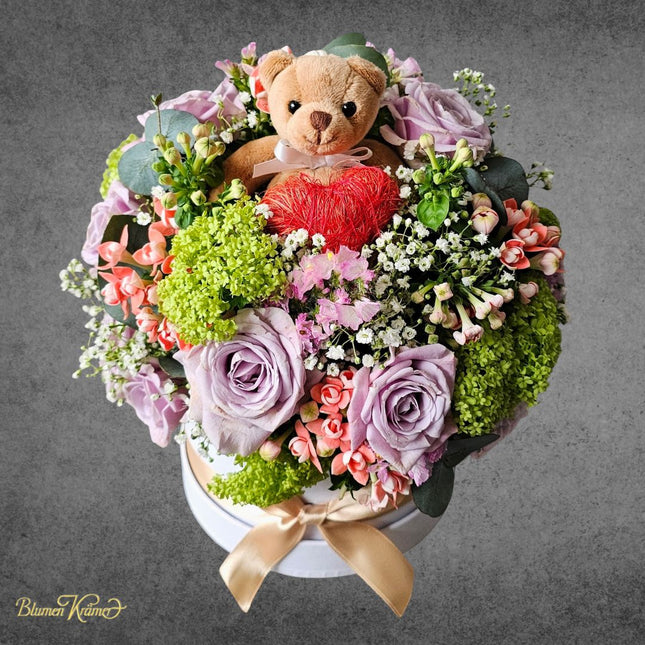 Blumenbox mit lila Rosen Hortensien und Teddybär online bestellen in Zürich