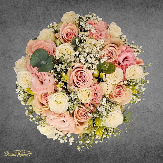 Rosenbox mit rosa und weissen Rosen Lisianthus Schleierkraut und Eukalyptus in Zürich bestellen
