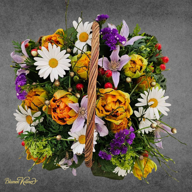 Frühlings Blumenstrauss im Korb online kaufen in Zürich mit frischen Frühlingsblumen und schneller Lieferung