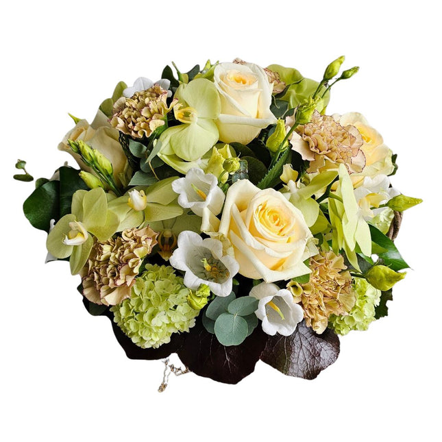 Blumenkorb Magic Spring mit saisonalen Blumen und Orchideen handverlesen – Blumenstrauss Zürich Geschenk online bestellen