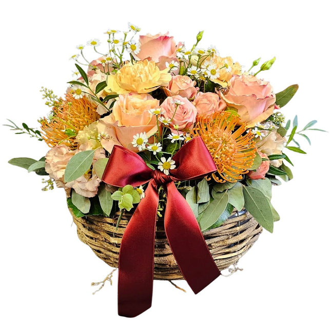 Blumenkorb Zürich mit Rosen Nelken Kamille und exotischen Blüten handgesteckt frisch online bestellen