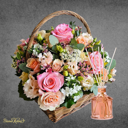 Blumenkorb mit rosa Rosen kaufen Zürich Muttertag Geschenk Lieferung mit Raumduft