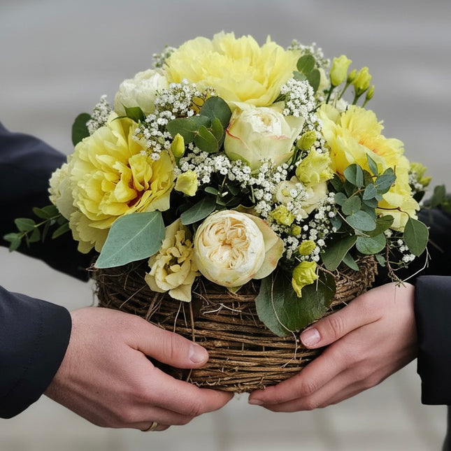 Sonnenglanz Blumenkorb mit gelben Pfingstrosen Rosen Schleierkraut und Eukalyptus verschenken in Zürich