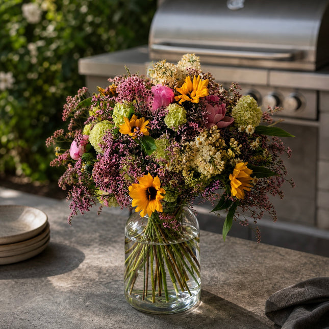 Wilde Schönheit Blumenstrauss mit Sonnenblumen Pfingstrosen und saisonalen Blumen in Zürich online bestellen