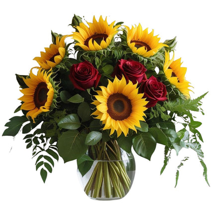 Blütenpoesie Blumenstrauss mit roten Rosen und Sonnenblumen online bestellen in Zürich mit frischer Blumenlieferung