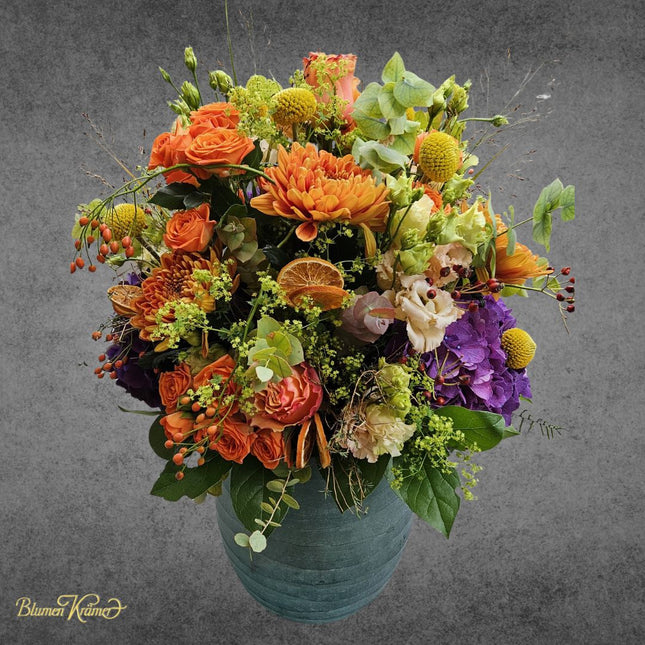 Herbststrauss Goldener Herbst mit Rosen und Chrysanthemen in warmen Farben frisch gebunden und lieferbar in Zürich und Umgebung