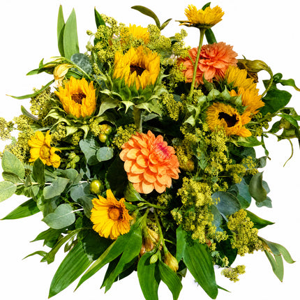 Happy Day Blumenstrauss mit gelben und orangen saisonalen Blumen