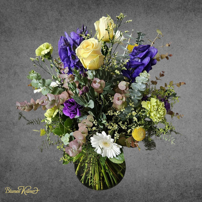 Herbstlicher Blumen Strauss mit gelben Rosen und violettem Lisianthus online bestellen Zürich