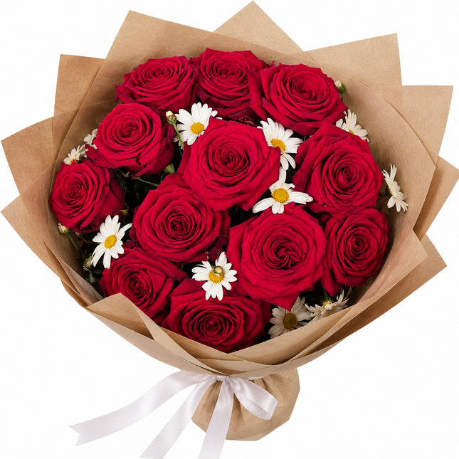 Roter Rosenstrauss mit Margeriten handgebunden im Blumenladen Zürich jetzt bestellen
