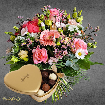 Rosa Blumenstrauss mit Rosen und Gerbera in Zürich heute liefern lassen Muttertag Geschenk mit Sprüngli Schokolade