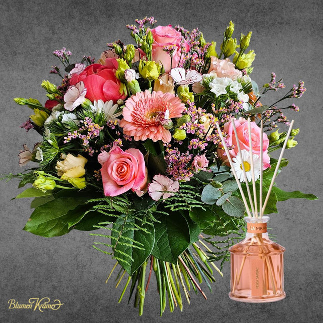 Rosa Blumenstrauss mit Rosen und Gerbera in Zürich heute liefern lassen Muttertag Geschenk mit Raumduft