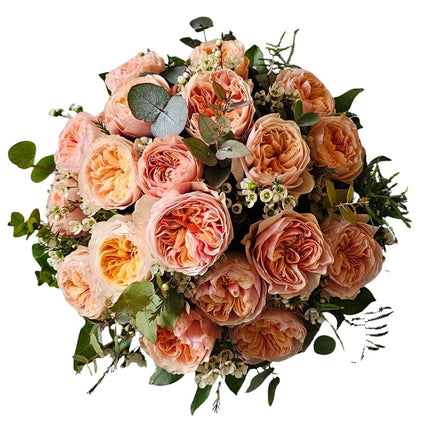 Rosenstrauss apricot mit edlen Gartenrosen und Eukalyptus kaufen