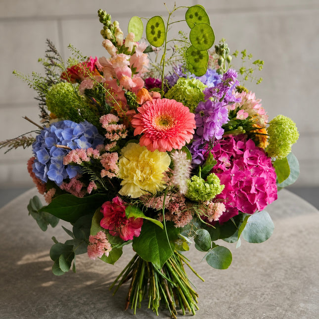 Farbenfroher Sommerstrauss mit Hortensien Gerbera Nelken und Saisonblumen online kaufen  in Zürich mit Blumenlieferung