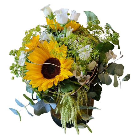Sonnengruss Blumenstrauss mit leuchtenden Sonnenblumen
