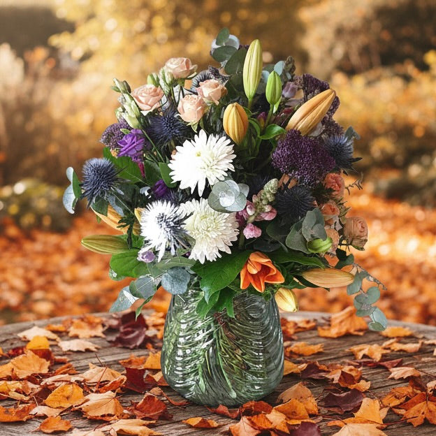 Blumenstrauss in Herbstfarben mit Lilien und Chrysanthemen
