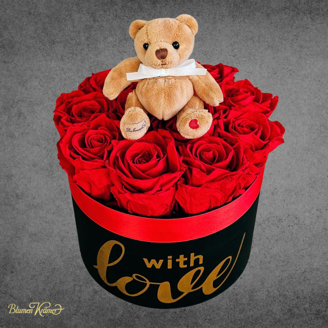 Rote Rosenbox mit Teddybär als romantisches Geschenk Blumen online kaufen in Zürich