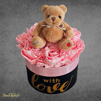 Rosa Rosenbox mit Teddybär als romantisches Geschenk Blumen online kaufen in Zürich