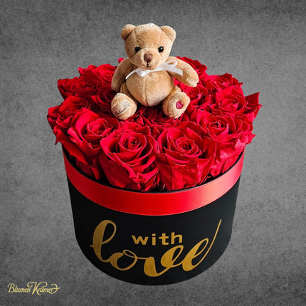 Rote Rosenbox mit Teddybär als romantisches Geschenk Blumen Lieferung Zürich