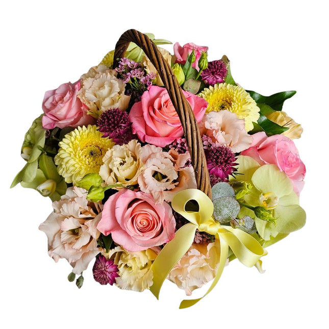 Blumenkorb mit Rosen Lisianthus Germini Orchideen und Eukalyptus online kaufen Zürich Lieferung frisch vom Floristen