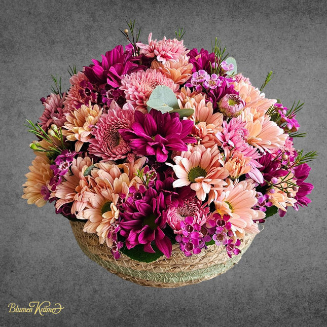 Blumenkörbli mit Chrysanthemen in Lachs und Pink _herbstlicher Blumenkorb online bestellen in Zürich