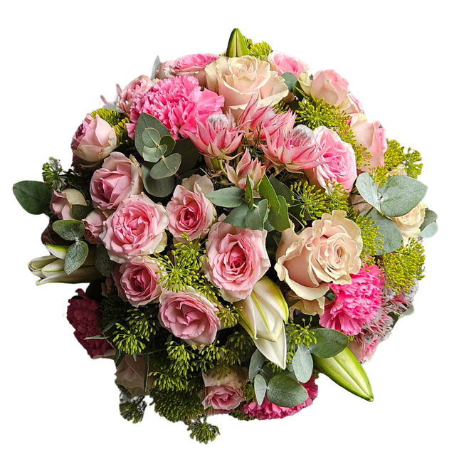 Blumenkorb in Pink und Rosa mit Rosen, Nelken, Lilien, Eukalyptus und saisonalem Beiwerk