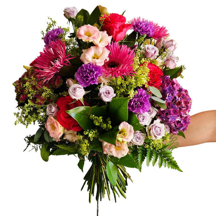 Blumenstrauss Herbst Romance mit pinken und roten Rosen, Gerbera und Hortensie