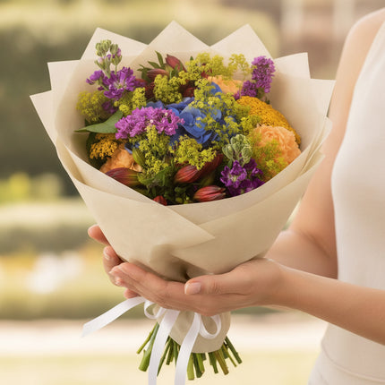 Bunte Herbstblumen mit Hortensien in den Regenbogenfarben