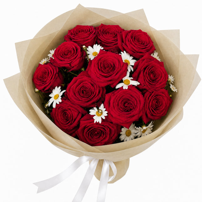 Roter Rosenstrauss mit Margeriten handgebunden im Blumenladen Zürich jetzt bestellen