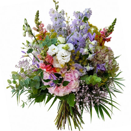 Rosa violetter Blumenstrauss mit Hortensien, Delphinium und Lisianthus