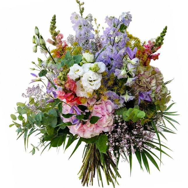 Rosa violetter Blumenstrauss mit Hortensien, Delphinium und Lisianthus
