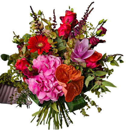 September Symphonie Blumenstrauss mit saisonalen Blumen in Rosa und Rottönen